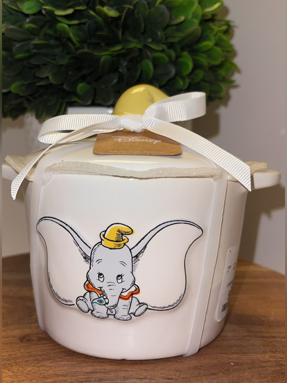 Disney White Dumbo Ceramic Jar with Yellow Lid and White Bow